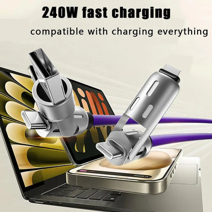 240W RGB 4-In-1 Fast Charging Data Cable Colorful Breathing Light Fast Charging Cable Zinc Alloy Silicone Wire Extension Cable ﻿