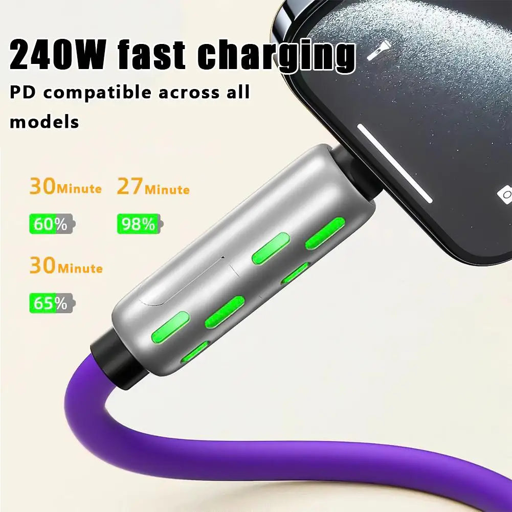 240W RGB 4-In-1 Fast Charging Data Cable Colorful Breathing Light Fast Charging Cable Zinc Alloy Silicone Wire Extension Cable ﻿