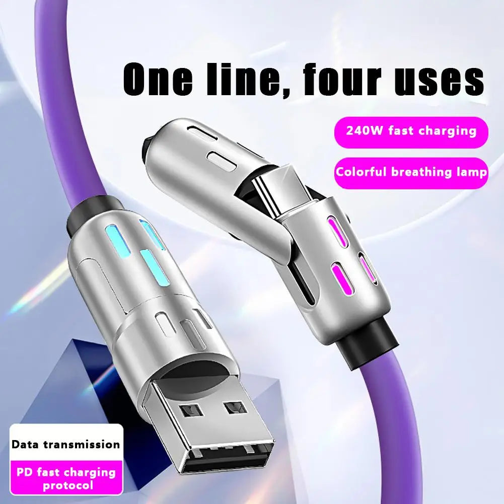 240W RGB 4-In-1 Fast Charging Data Cable Colorful Breathing Light Fast Charging Cable Zinc Alloy Silicone Wire Extension Cable ﻿