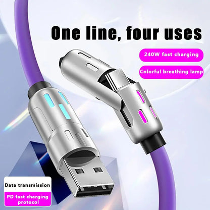 240W RGB 4-In-1 Fast Charging Data Cable Colorful Breathing Light Fast Charging Cable Zinc Alloy Silicone Wire Extension Cable ﻿